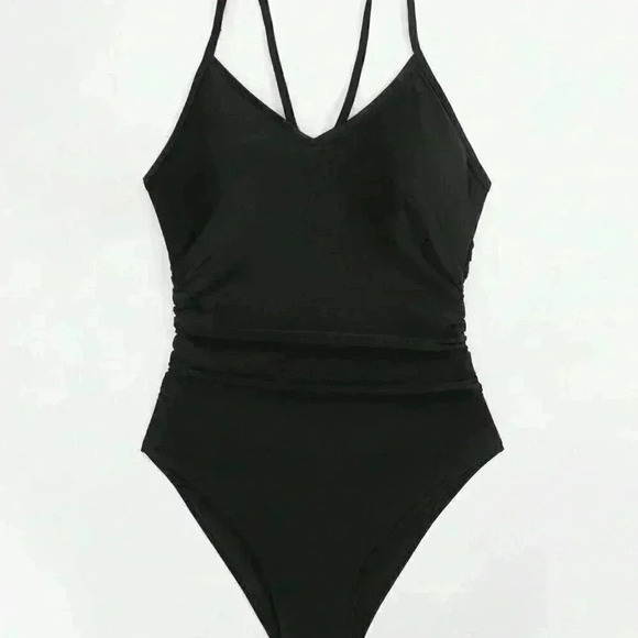 Black Women's Summer Beach Cut Out Ring Linked One Piece Swimsuit - Picture 3 of 8